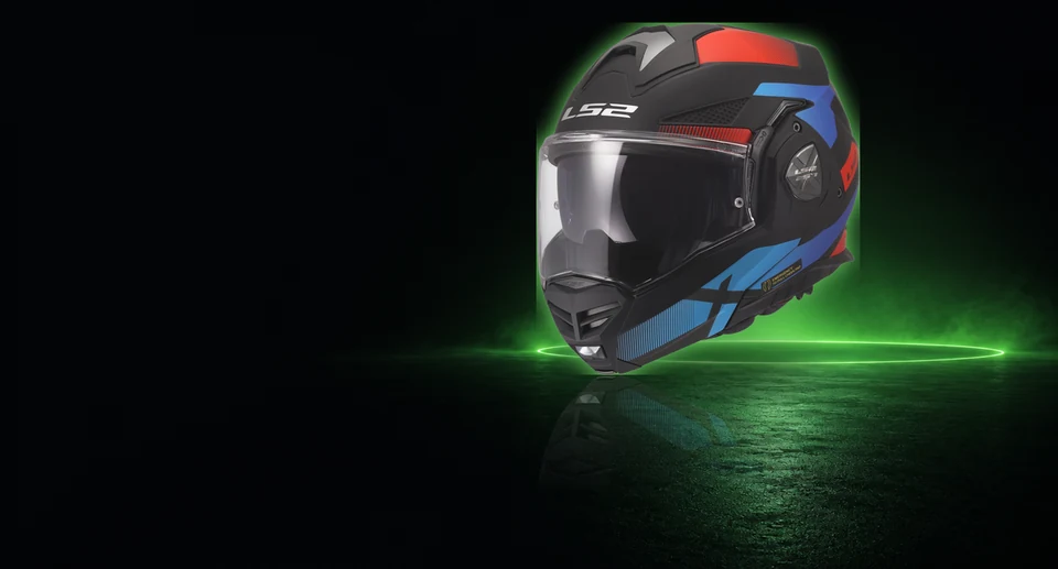 LS2 Über-Klapphelm FF901 ADVANT X mit P/J Homologation und Sonnenblende ECE 22.06 – Produktfoto, Hintergrund mit KI erstellt.