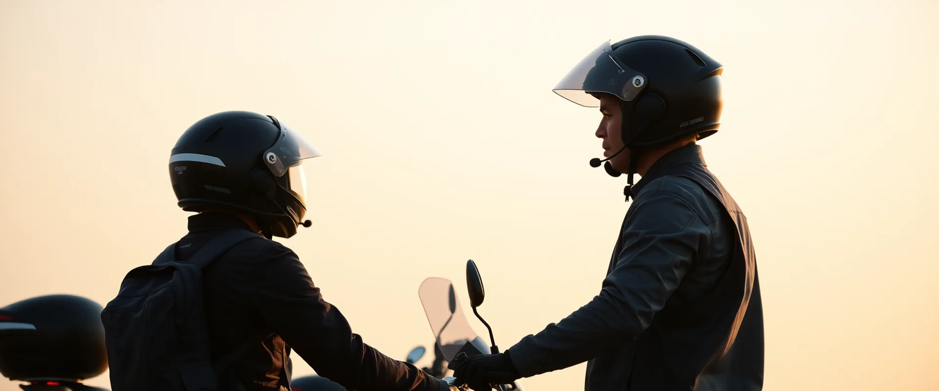 Kommunikation: zwei Motorradfahrer mit Headsets unterwegs bei Sonnenuntergang