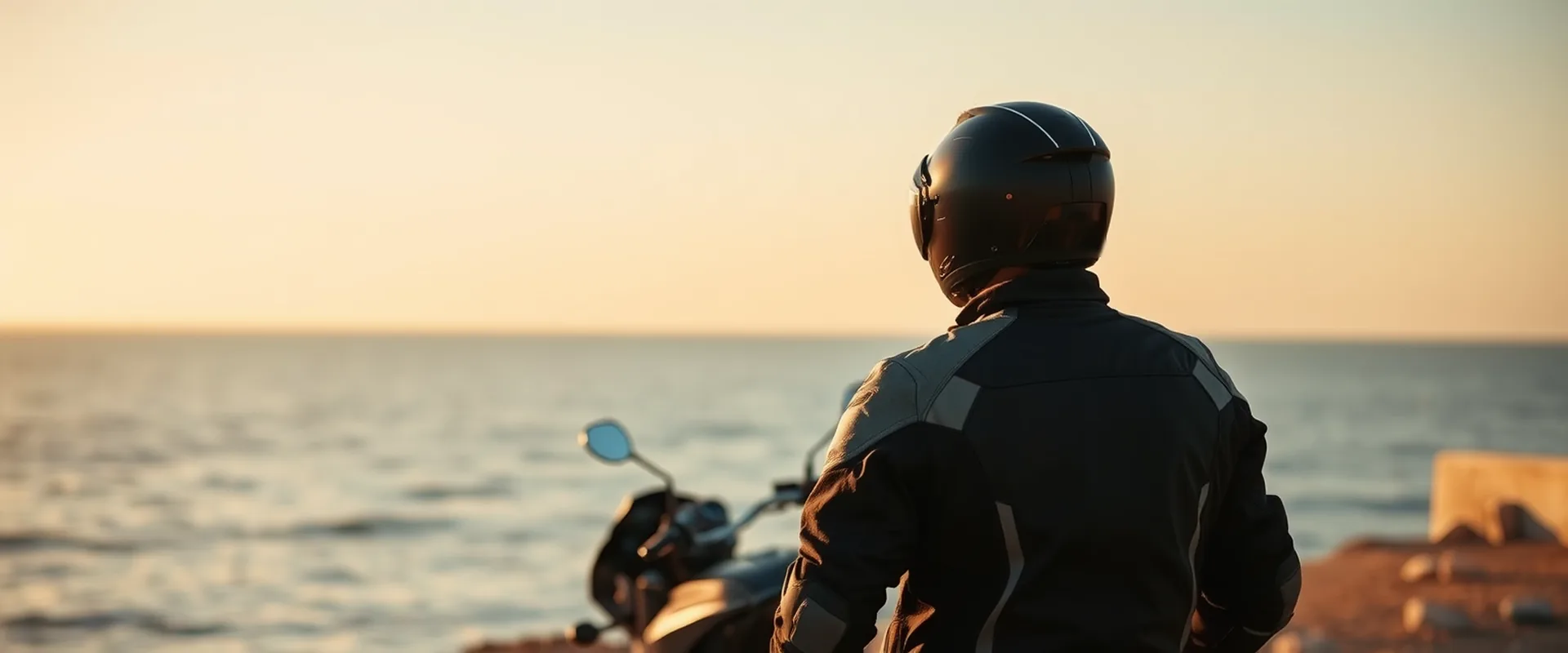 Motorradbekleidung – Motorradfahrer mit Helm an der Küste