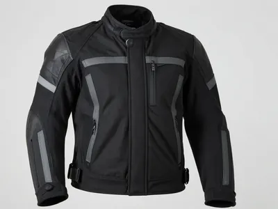 Schwarze Textil-Motorradjacke mit Protektoren, Frontansicht