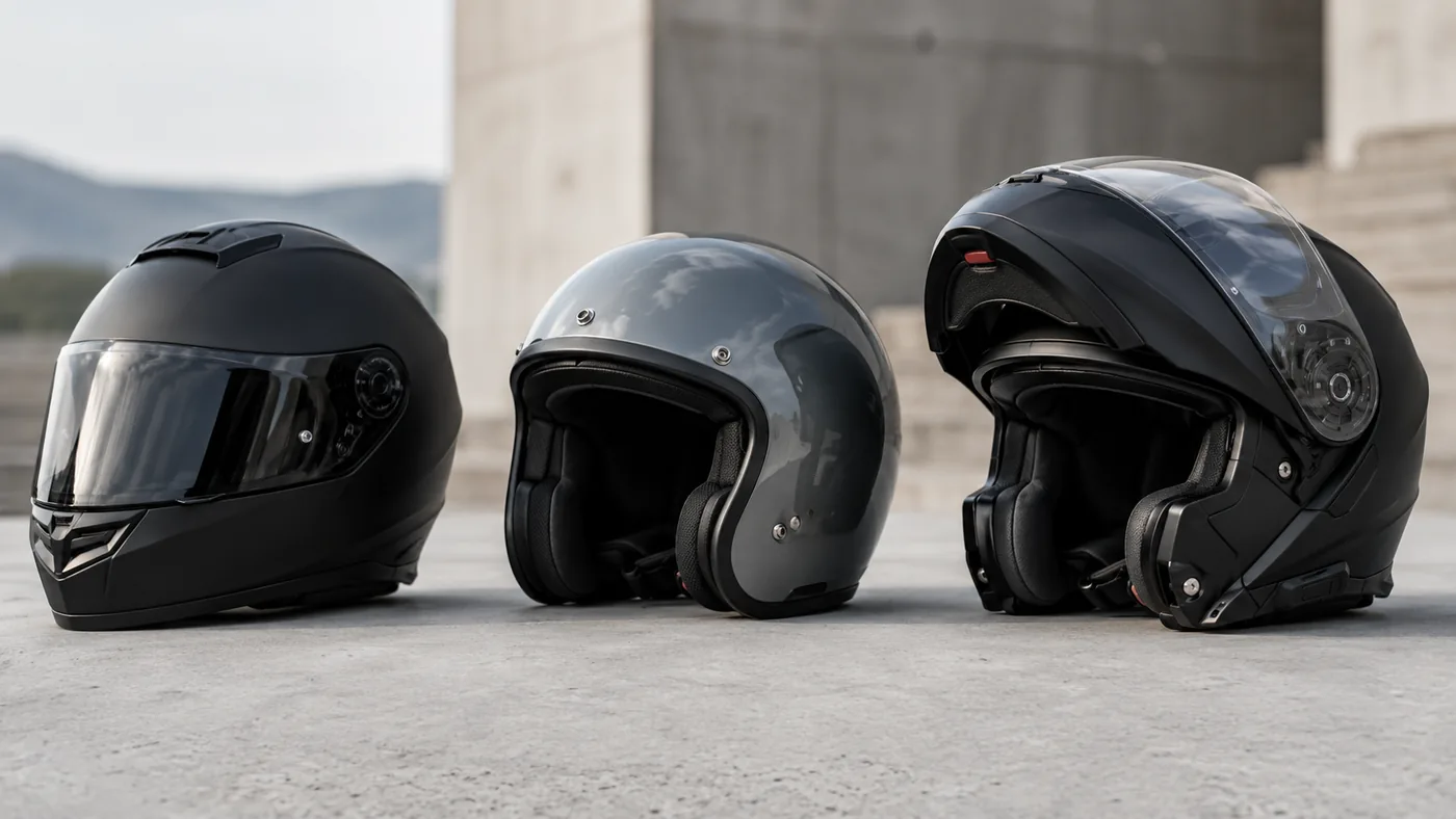 Drei Motorradhelm-Typen nebeneinander: ein Integralhelm, ein Jethelm und ein Klapphelm mit hochgeklapptem Visier