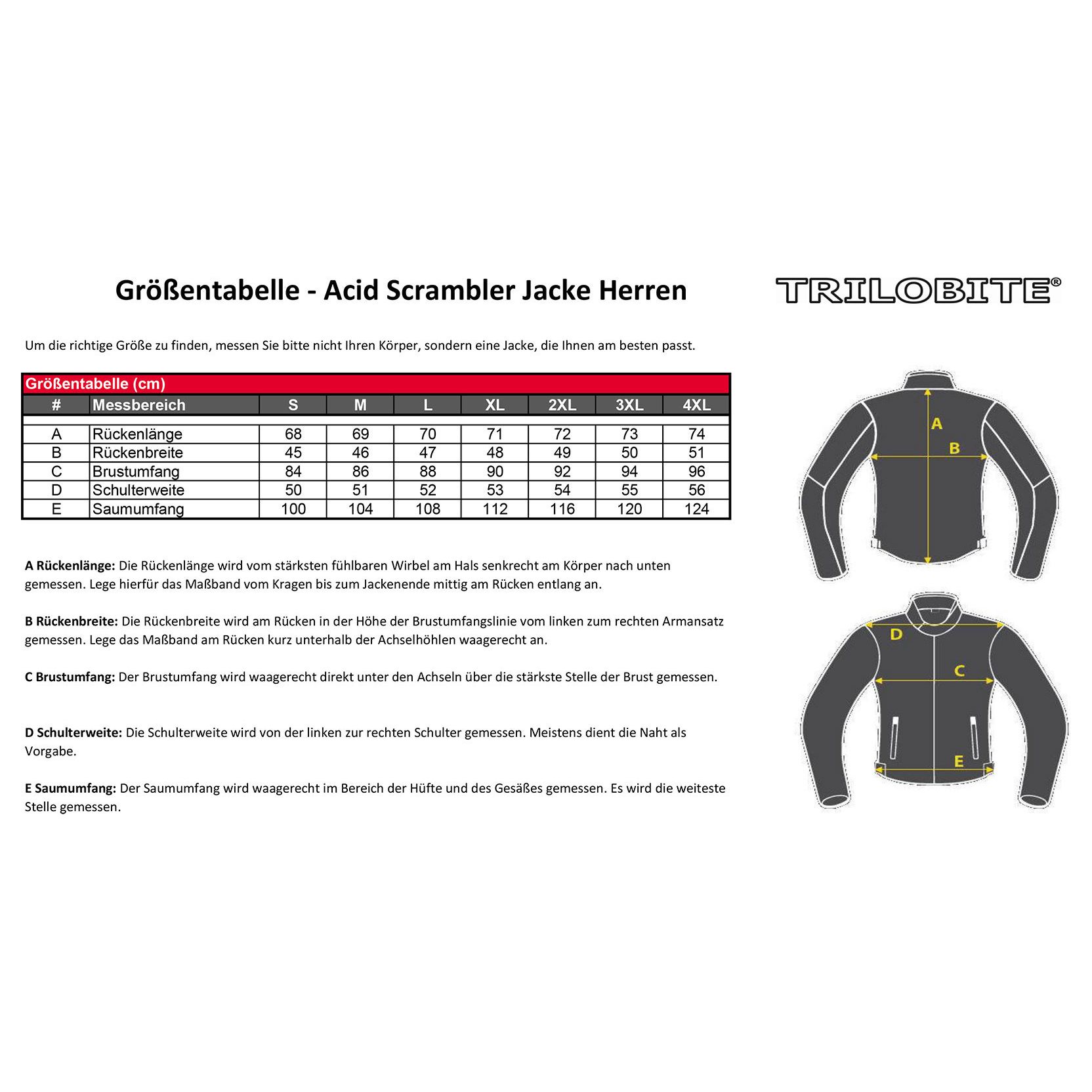 Größentabelle Trilobite: Maße je Größe