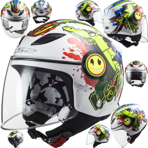 LS2 Kinder-Motorradhelm OF602 Funny Croco sehr leicht mit ECE 22.05 Jethelm mit langem Visier