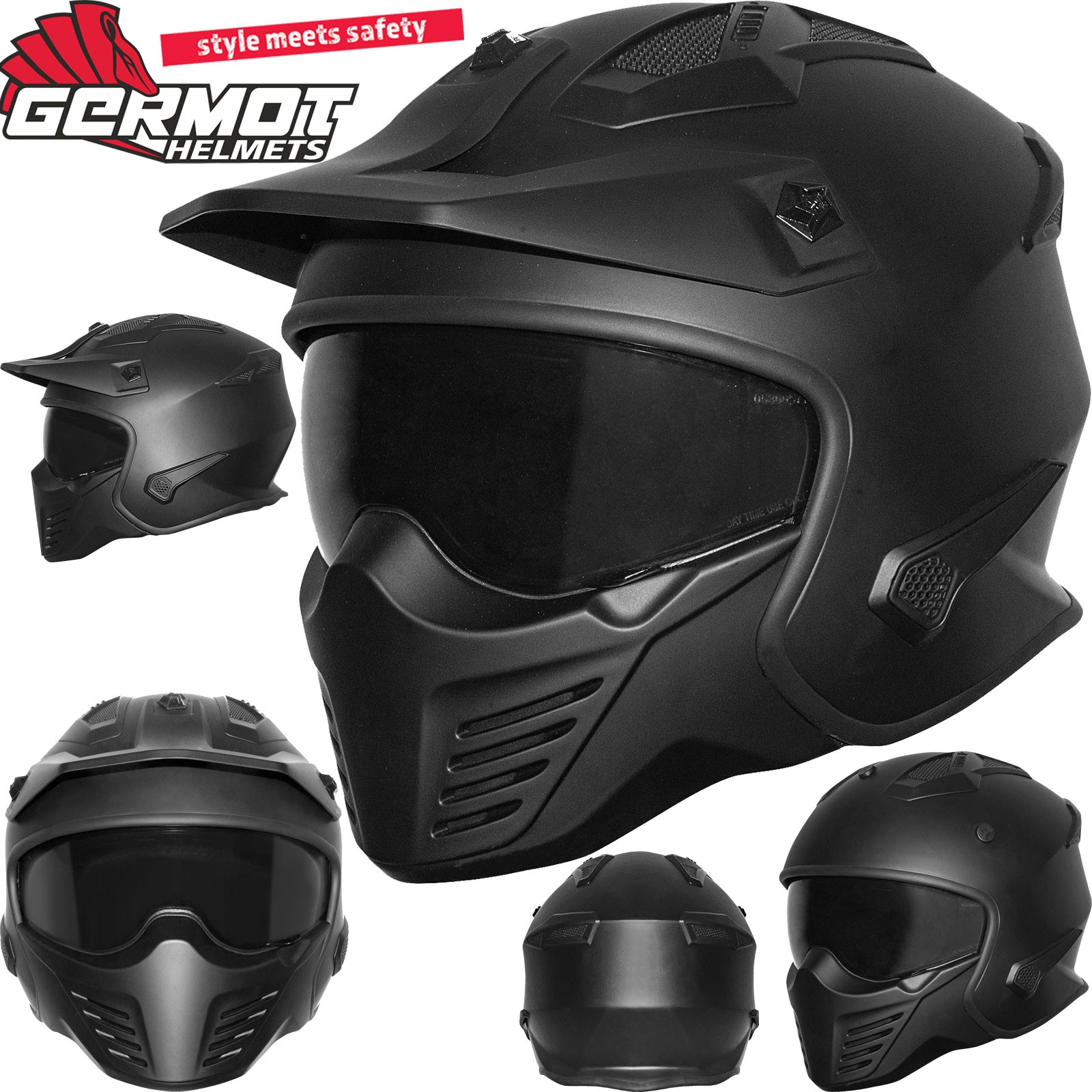 Germot Modularhelm GM 44 Jet und mit Combat StreetFight Jet Helm ECE 22.05 inkl. 2 Visieren