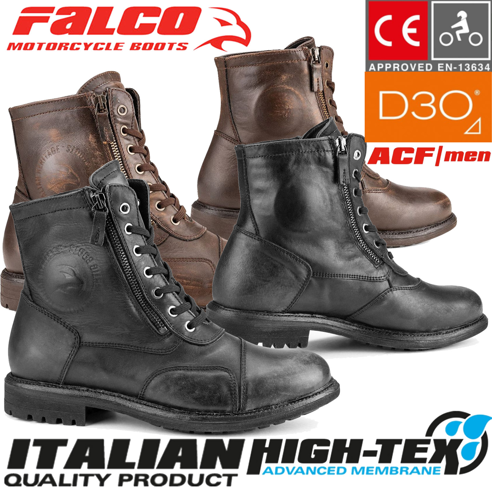Falco Motorradstiefel AVIATOR Leder wasserdicht High-Tex CE Doppelreißverschluss D3O