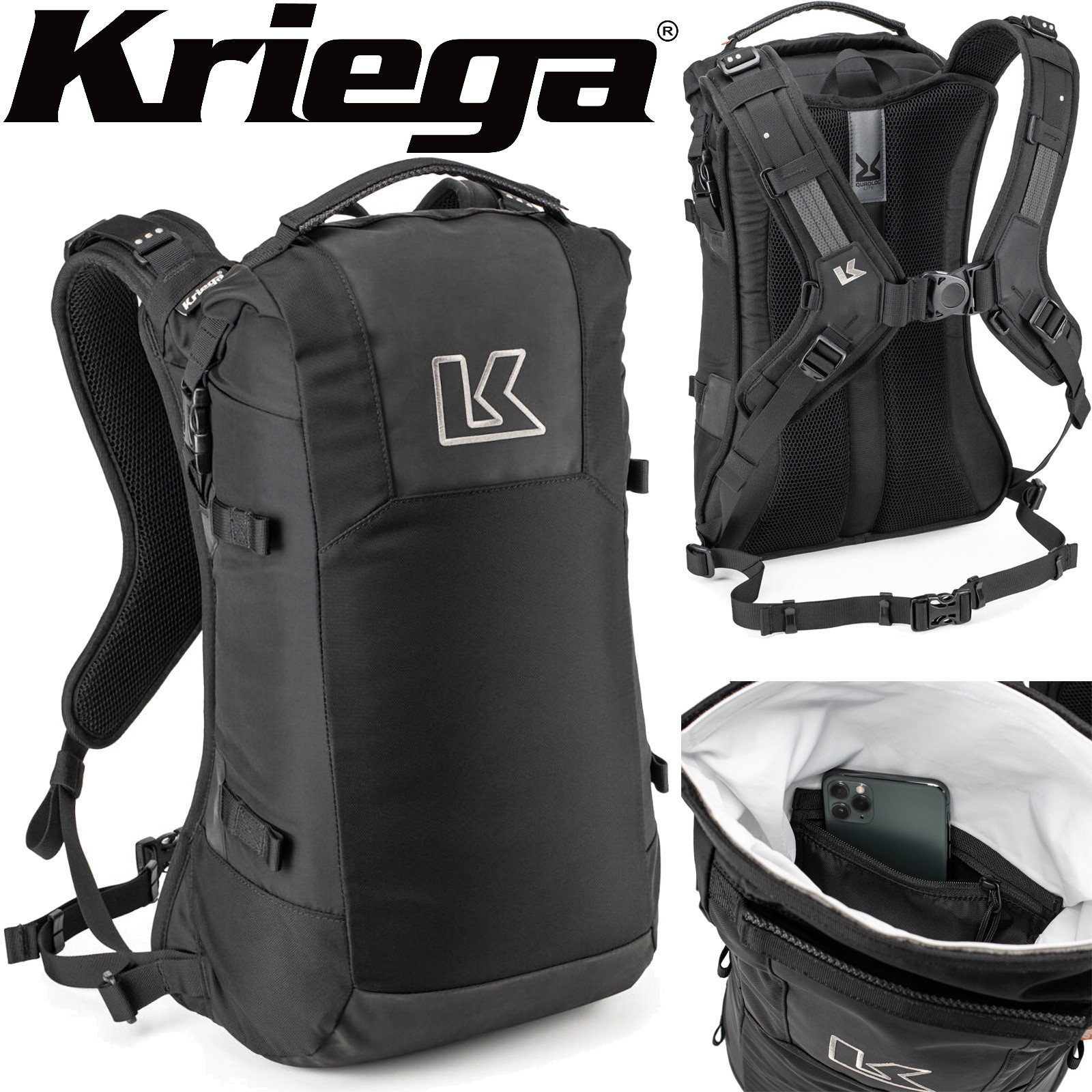 Kriega Motorrad-Rucksack R16 wasserdicht Hüftgurt Quadloc-Gurt-System mit Platz für Laptop Cordura Air-Mesh