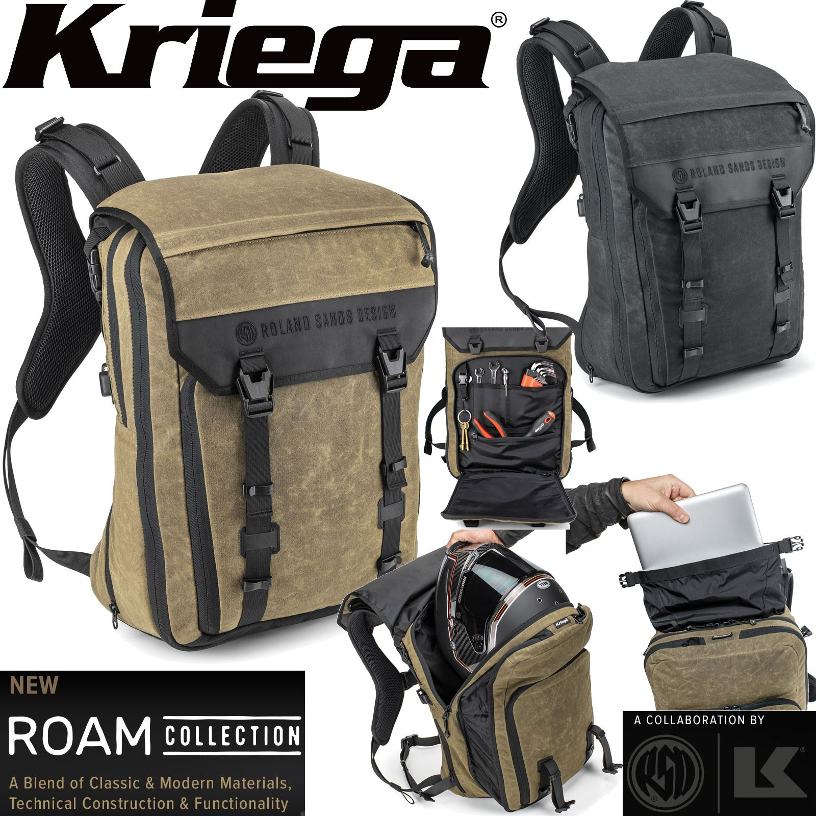 Kriega Rucksack ROAM 34 Roland Sands Design Motorrad Laptopfach wasserdicht
