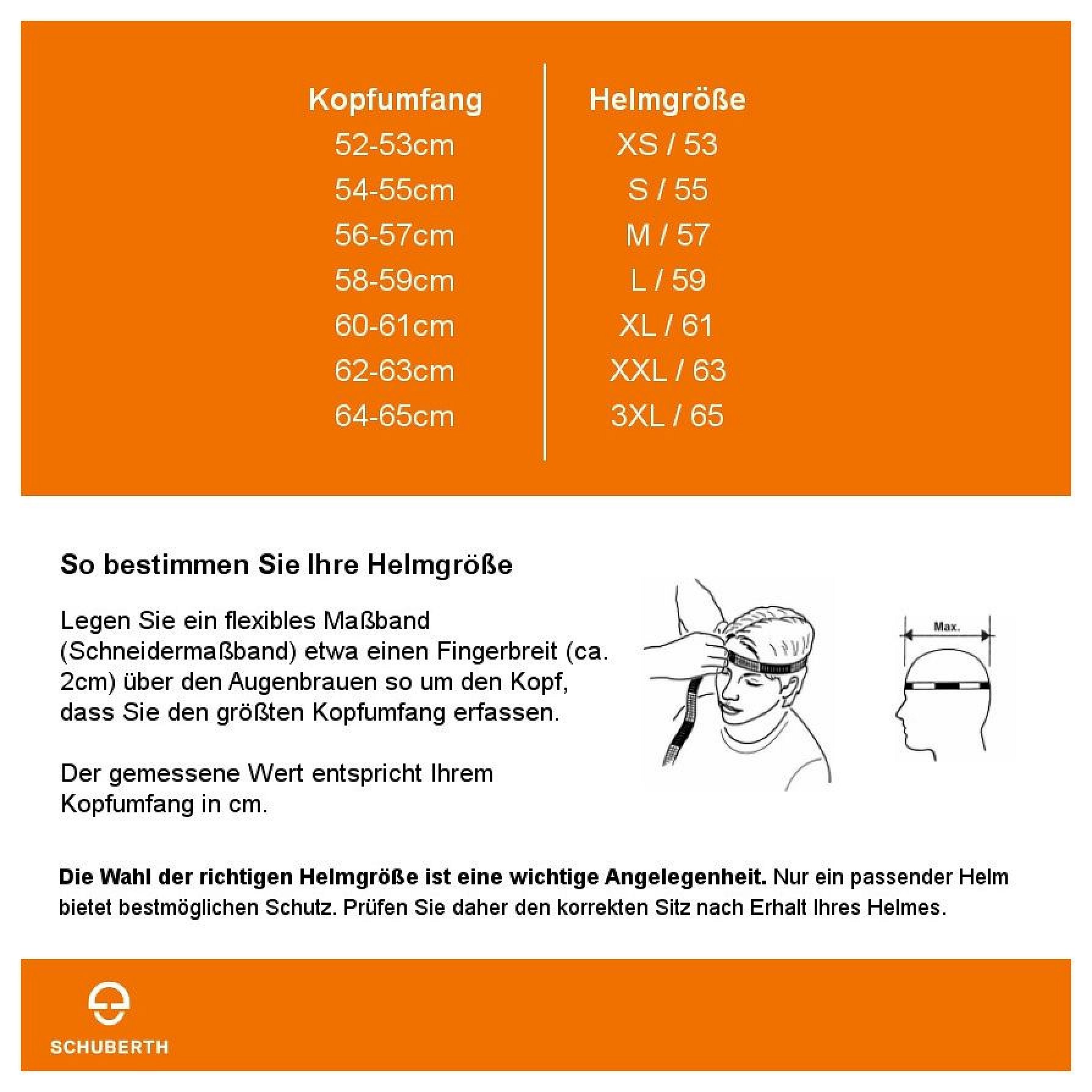 Größentabelle Schuberth: Maße je Größe