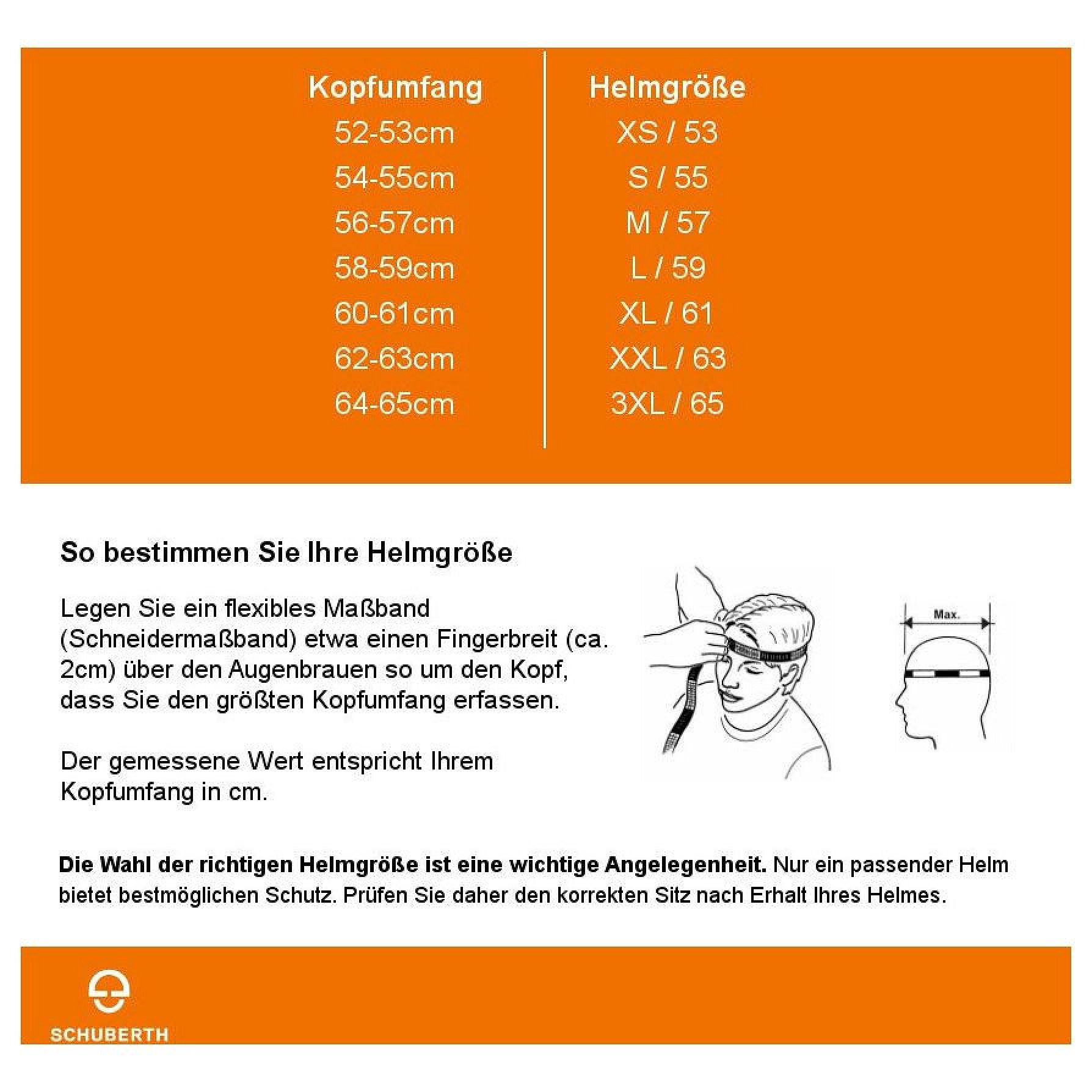 Größentabelle Schuberth: Maße je Größe