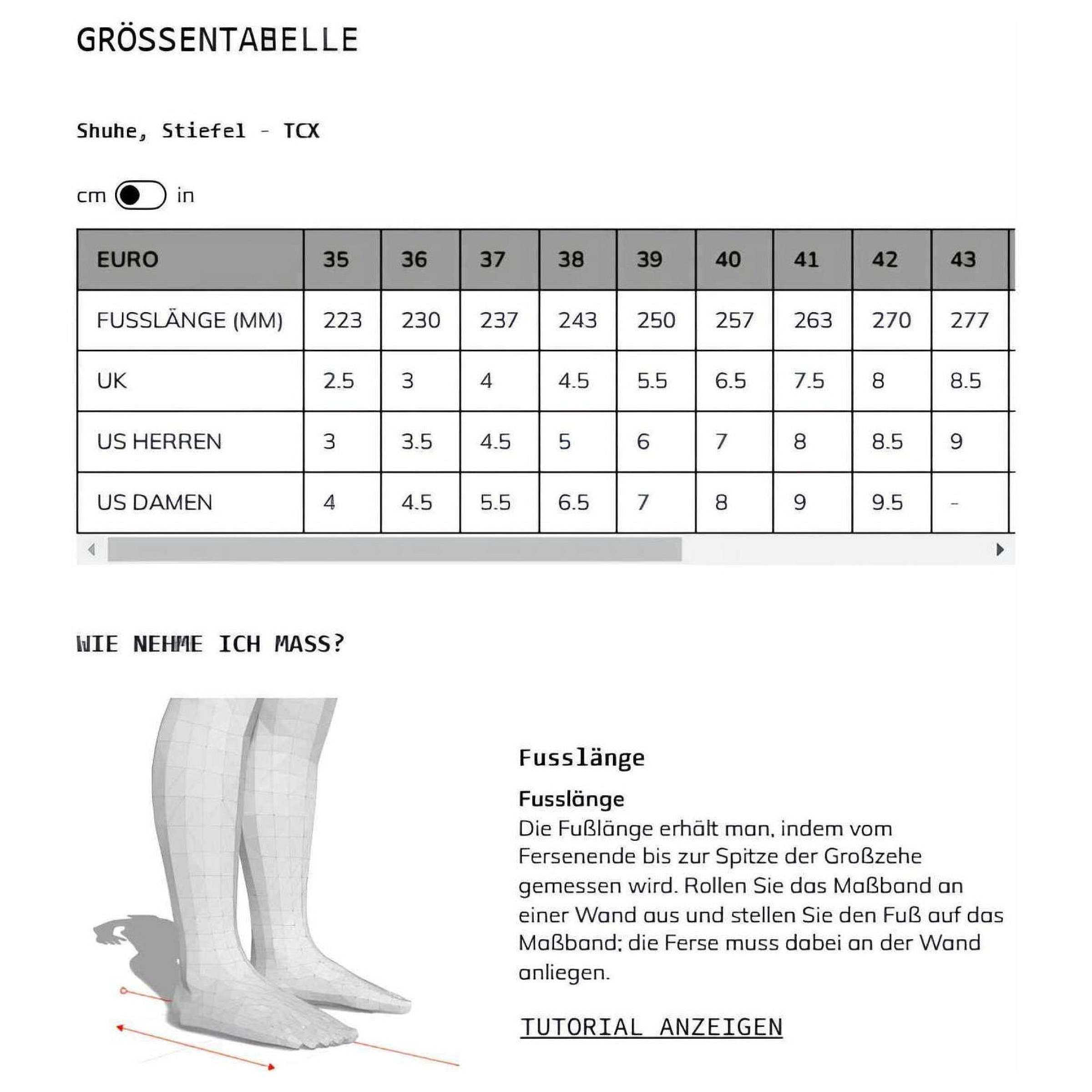 Größentabelle TCX: Maße je Größe