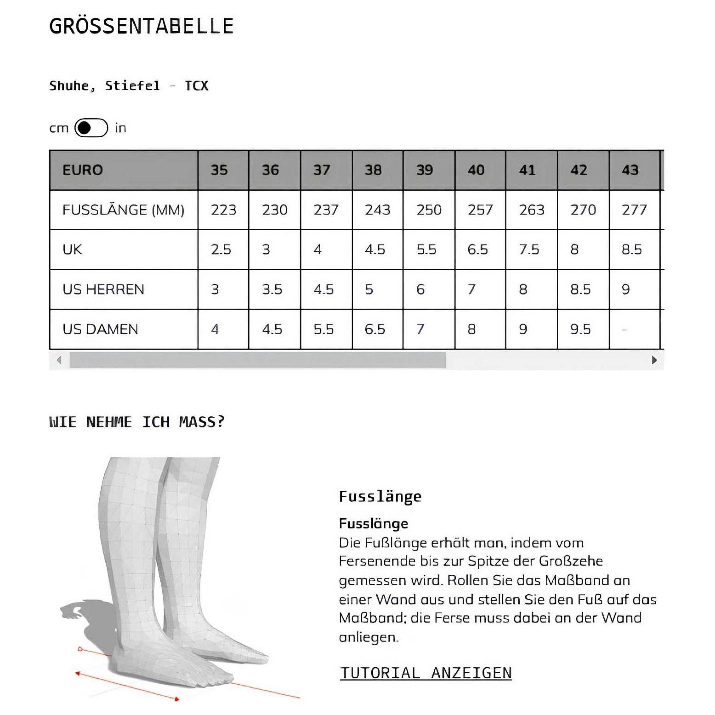 Größentabelle TCX: Maße je Größe