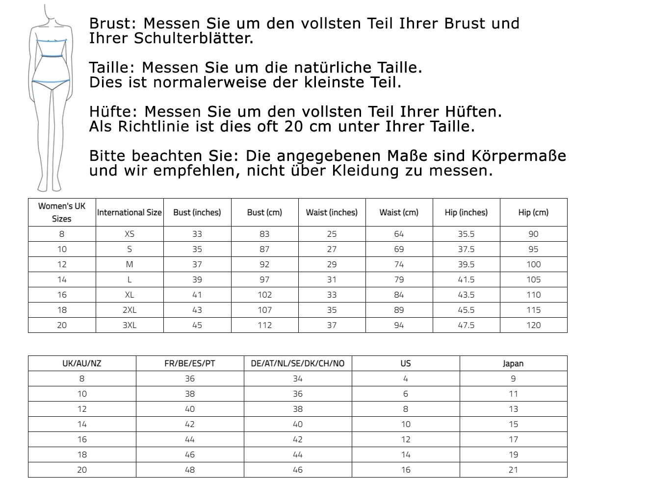Größentabelle Knox: Maße je Größe